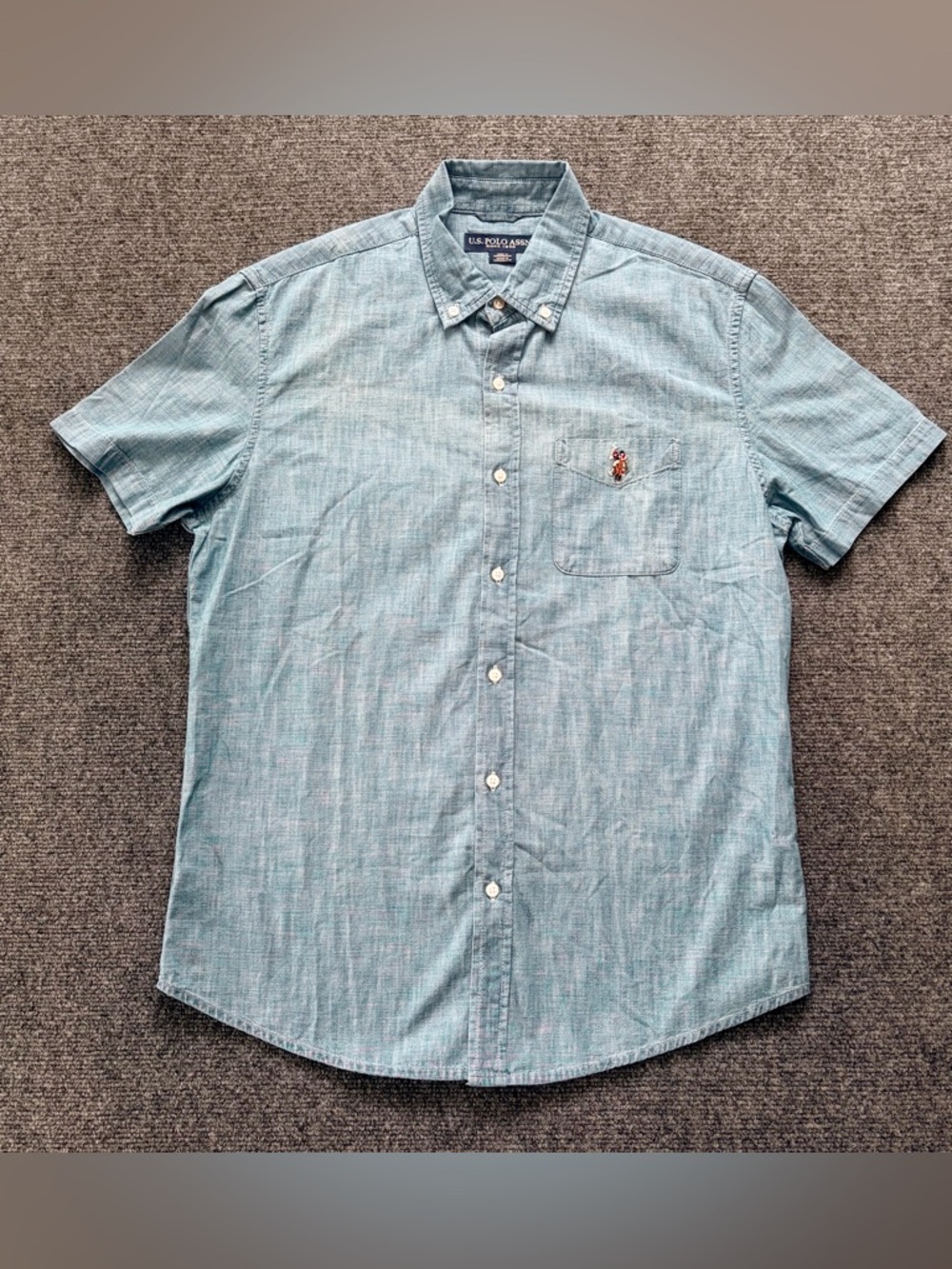 US Polo Association Men’s Med Chambray Short Sleeve Button Down Shirt Light Blue